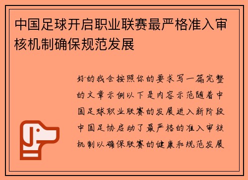 中国足球开启职业联赛最严格准入审核机制确保规范发展